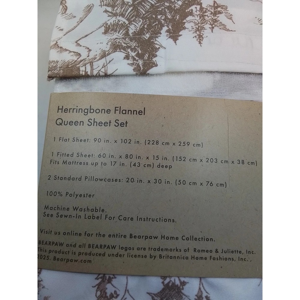 Queen Flannel Sheets-Bear Paw-Queen Size Fitted Set-Herringbone-Woodland - Picture 2 of 5